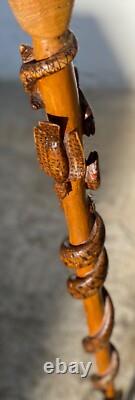 CARVED WOODEN CANE SERPENT LIZARD BIRD CHAMOIS Folk Art