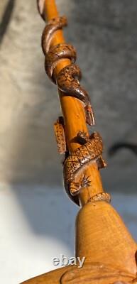 CARVED WOODEN CANE SERPENT LIZARD BIRD CHAMOIS Folk Art