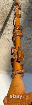 CARVED WOODEN CANE SERPENT LIZARD BIRD CHAMOIS Folk Art