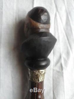 Cane Old Pommel Rare Carved Curious Polychrome Wood