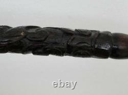 Canne China Or Indochina A Decor Of Wood Dragon Tete Sculpte Vernis (g155)