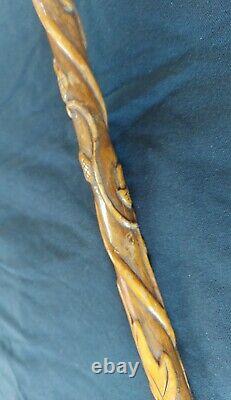 Carved Boxwood Cane Throughout its Length. 19th Century Folk Art