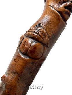 Carved Wooden Monoxyle Walking Stick Cane with Animal Characters Folk Art