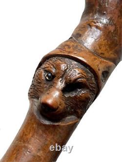 Carved Wooden Monoxyle Walking Stick Cane with Animal Characters Folk Art