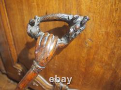 China 19th Century Carved Knotted Wood Cane with Chinese Figures