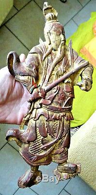 Chinesculpté Character In Red And Golden Wood China Asia Wiet Japan, Superb