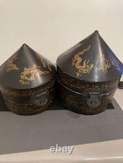 Conical Box, Black and Gold Lacquer Asian Boiled Cardboard 19th Century