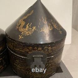 Conical Box, Black and Gold Lacquer Asian Boiled Cardboard 19th Century