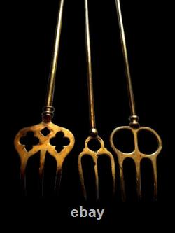 Elegant Danish Fireplace Accessory Trio Golden Brass Late 19th Century