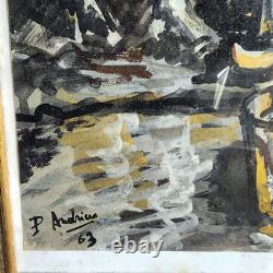 Gouache rural theme in an antique gold wooden frame