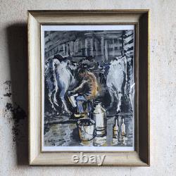 Gouache rural theme in an antique gold wooden frame