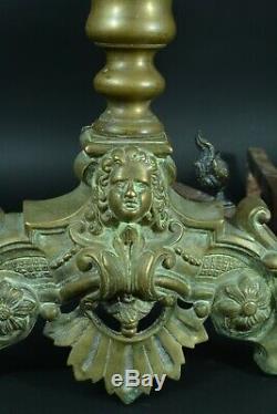 Grand Old Chenet Marmouset Fleurs De Lys Royal Bronze Andirons Fireplace X 2