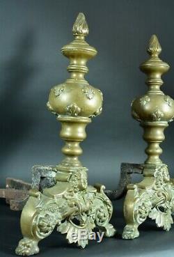 Grand Old Chenet Marmouset Fleurs De Lys Royal Bronze Andirons Fireplace X 2