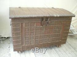 Grand Old Wooden Trunk Covered With Metal Pushed
