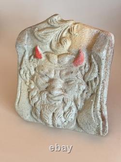 Handcrafted Glazed Stoneware Wall Mask with a Fantastical Horned Face