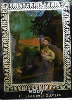 Holy Religious Painting XIX Century Fixed-under-glass Saint Francis Xavier