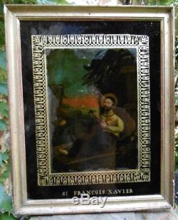 Holy Religious Painting XIX Century Fixed-under-glass Saint Francis Xavier