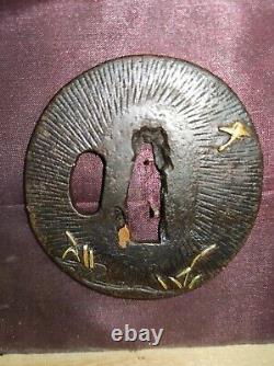 Japanese Edo Period Tsuba Inlay, Wild Crane Design