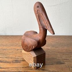 Japanese folk art object, carved wooden pelican bird sculpture