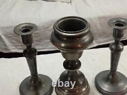 LARGE CHALICE-SHAPED POT and TIN CANDLESTICKS