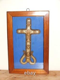 Large 19th century wax communion cross 36cm framed under glass+