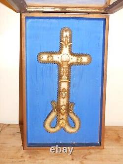 Large 19th century wax communion cross 36cm framed under glass+