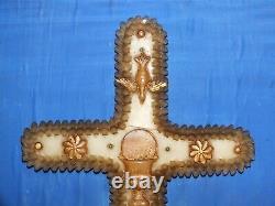 Large 19th century wax communion cross 36cm framed under glass+