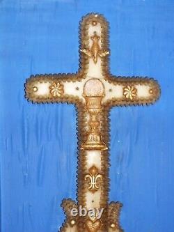 Large 19th century wax communion cross 36cm framed under glass+