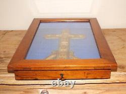 Large 19th century wax communion cross 36cm framed under glass+