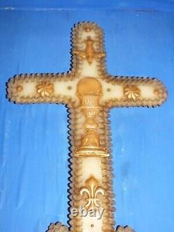 Large 19th century wax communion cross 36cm framed under glass+