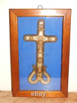 Large 19th century wax communion cross 36cm framed under glass+