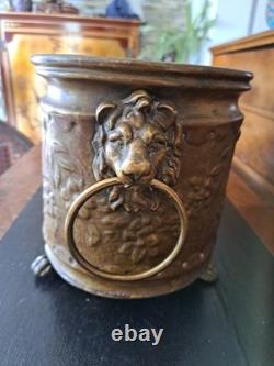 Large Antique Repoussé Brass Jardinière, Napoleon III Style, Lions & Claws