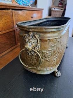Large Antique Repoussé Brass Jardinière, Napoleon III Style, Lions & Claws