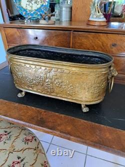 Large Antique Repoussé Brass Jardinière, Napoleon III Style, Lions & Claws
