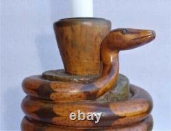 Large Monoxyle Candlestick with Snake 19th Century Folk Art