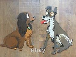 Large Painted Wooden Sign Forain Walt Disney 1970 Popular Lady and the Tramp