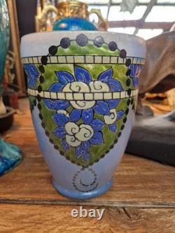 Leune Paris Art Deco vase in frosted blue glass with enamelled flowers