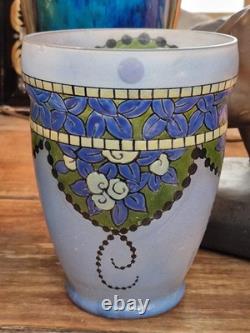 Leune Paris Art Deco vase in frosted blue glass with enamelled flowers