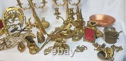 Lot of 39 antique objects in copper, tin, and bronze/candlestick, bugle, chandelier
