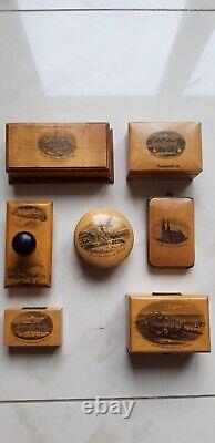 Lot of old small boxes of travel souvenir stamps