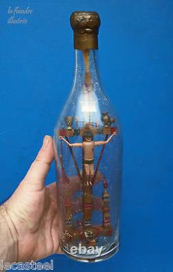 Magnificent Bottle Of Passion 19th Wood Carved Popular Art Religion