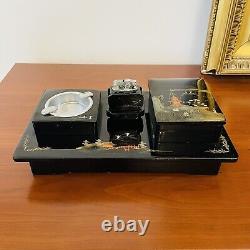 Magnificent Japanese Lacquered Music Box with Cigarette Case, Ashtray, and Lighter 1960