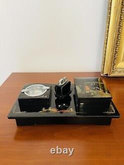Magnificent Japanese Lacquered Music Box with Cigarette Case, Ashtray, and Lighter 1960