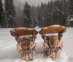 Magnificent Pair of Black Forest Carved Wood Console Shelves, 19th Century