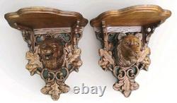 Magnificent Pair of Black Forest Carved Wood Console Shelves, 19th Century