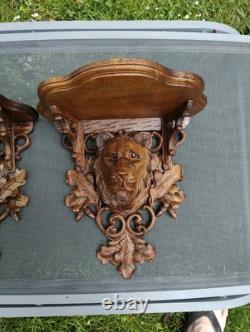 Magnificent Pair of Black Forest Carved Wood Console Shelves, 19th Century