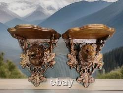 Magnificent Pair of Black Forest Carved Wood Console Shelves, 19th Century