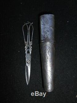 Nice Pair Of Scissors With Case Iron Tool Old Folk Art XVIII