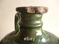 OLD GREEN GLAZED EARTHENWARE OIL JAR PROVENCAL POTTERY 19th CENTURY