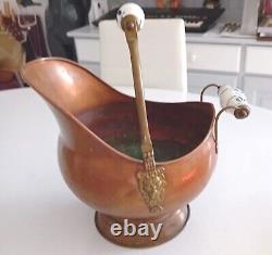 Old Copper Coal or Ember Bucket - 2 Porcelain Lion Head Handles